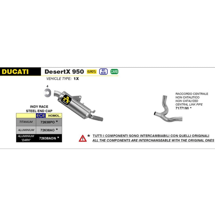 Arrow Ducati DesertX 950 2:1 Non-Cat Stainless Central Link Pipe