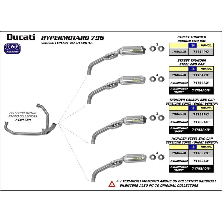 Arrow Ducati HyperMotard 796 Street Thunder Titanium Slip On Exhaust w/Carbon End Cap