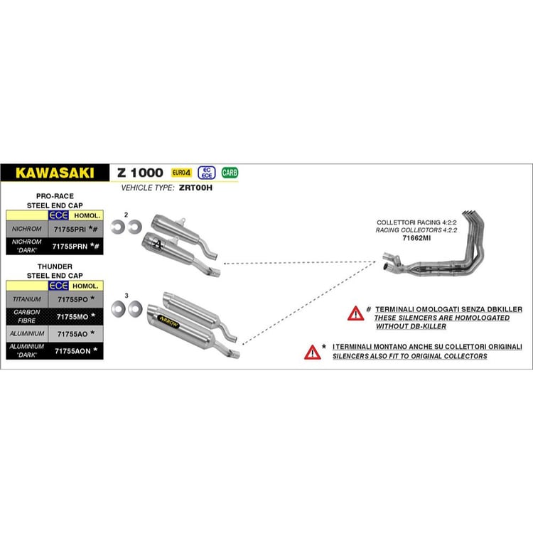 Arrow Kawazaki Pro-Race Nichrom Silver with Steel End Cap Silencer Set